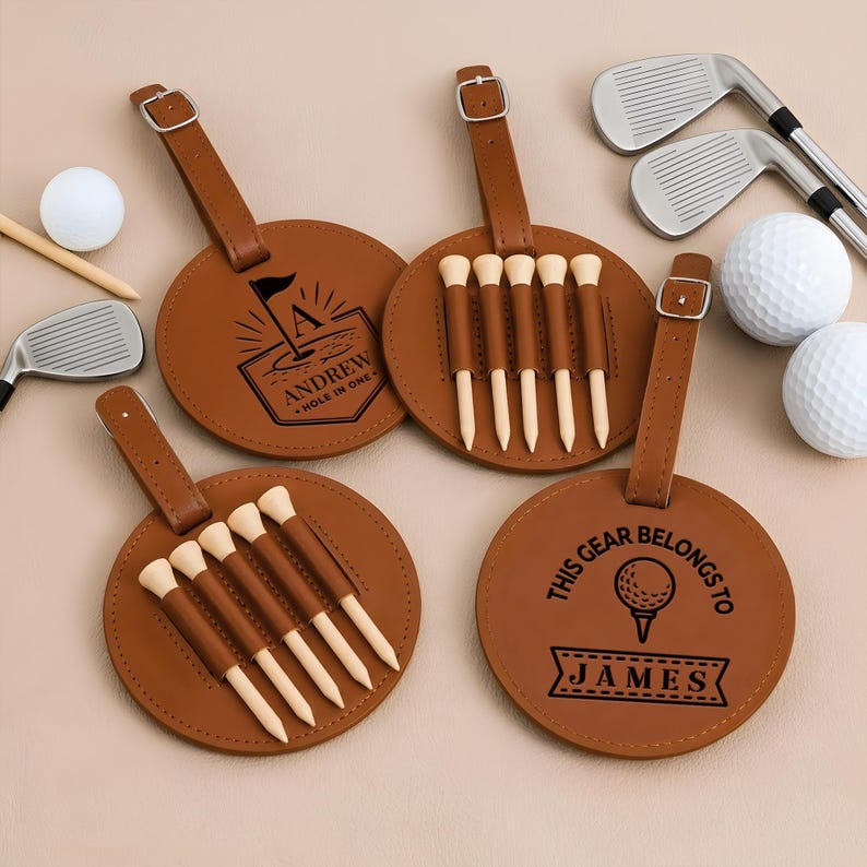 Custom leather golf bag tags with "Best Dad By Par" engraving, the perfect Father's Day golf gift.
