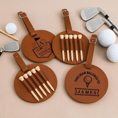 Custom leather golf bag tags with "Best Dad By Par" engraving, the perfect Father's Day golf gift.
