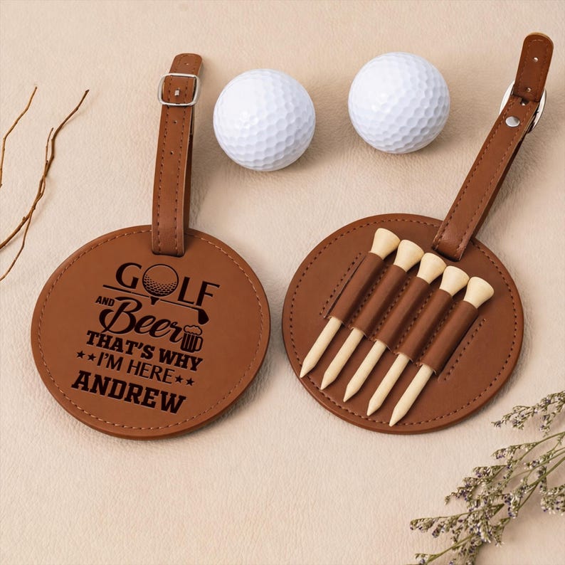 Golf stuff for dad and custom leather bag tags, serving as excellent gifts for male golfers in 2026.