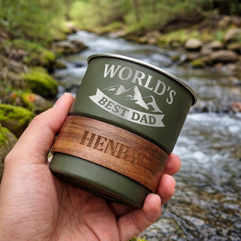 Stainless steel camping mug with "Best Dad Ever" engraving, a unique camper mugs custom gift for Father's Day.