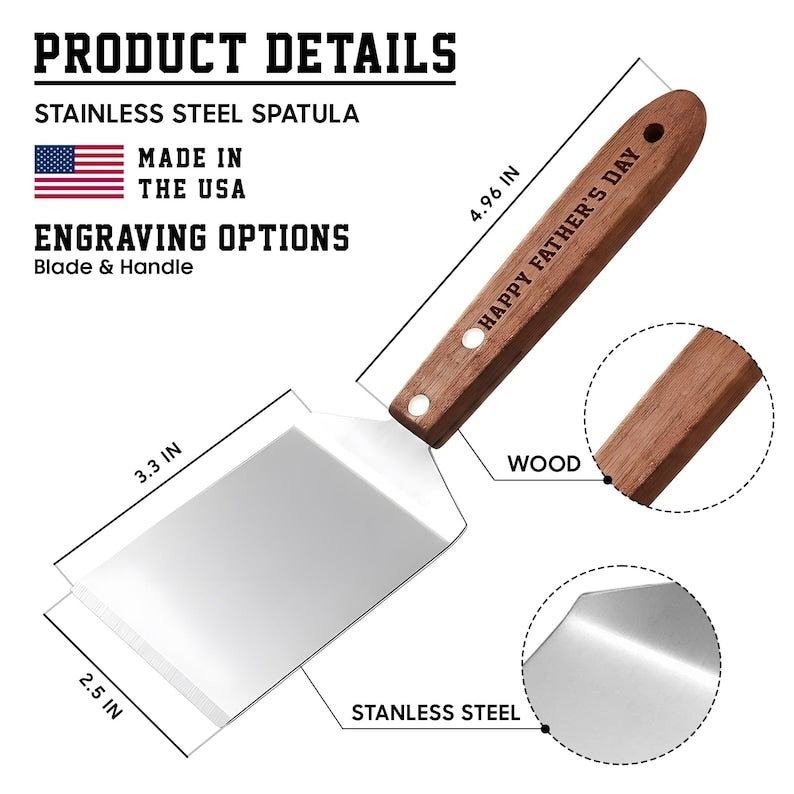 Engraved grill spatula featuring a sturdy wooden handle, an ideal cooking gift for dad for Father's Day 2026.