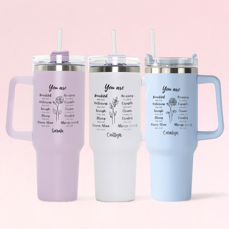 An elegant Christian tumbler, the Personalized Bible Verse 40oz Tumbler is a unique and practical Christian gift for women.
