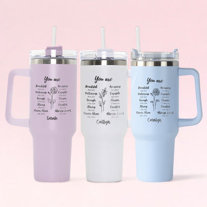 An elegant Christian tumbler, the Personalized Bible Verse 40oz Tumbler is a unique and practical Christian gift for women.