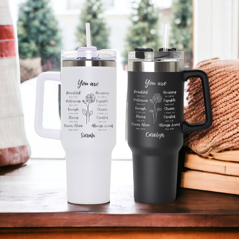 This custom tumbler, the Personalized Bible Verse 40oz Tumbler, is a wonderful laser engraved gift for any Christian woman.