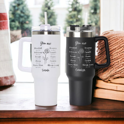 This custom tumbler, the Personalized Bible Verse 40oz Tumbler, is a wonderful laser engraved gift for any Christian woman.