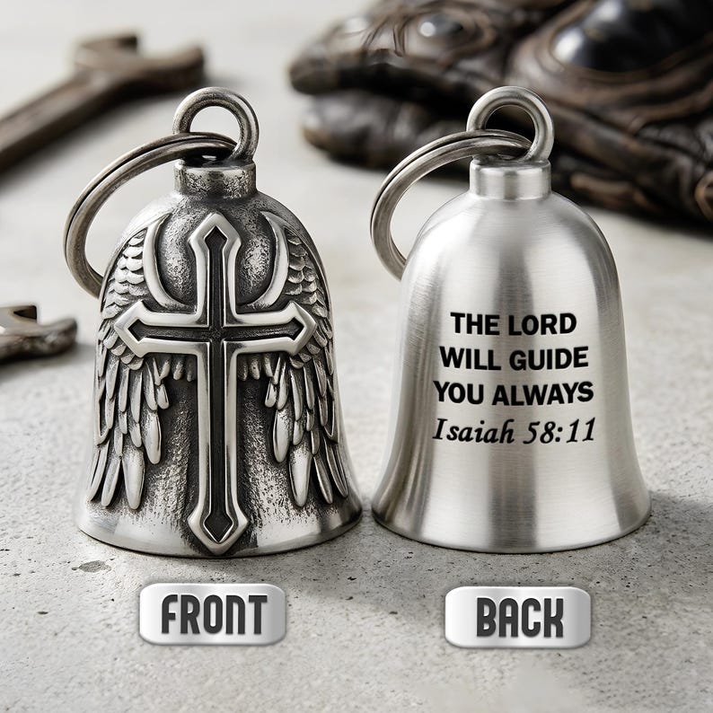 Personalized Bible verse Christian motorcycle bell, a unique custom guardian bell and blessing bell for bikers.