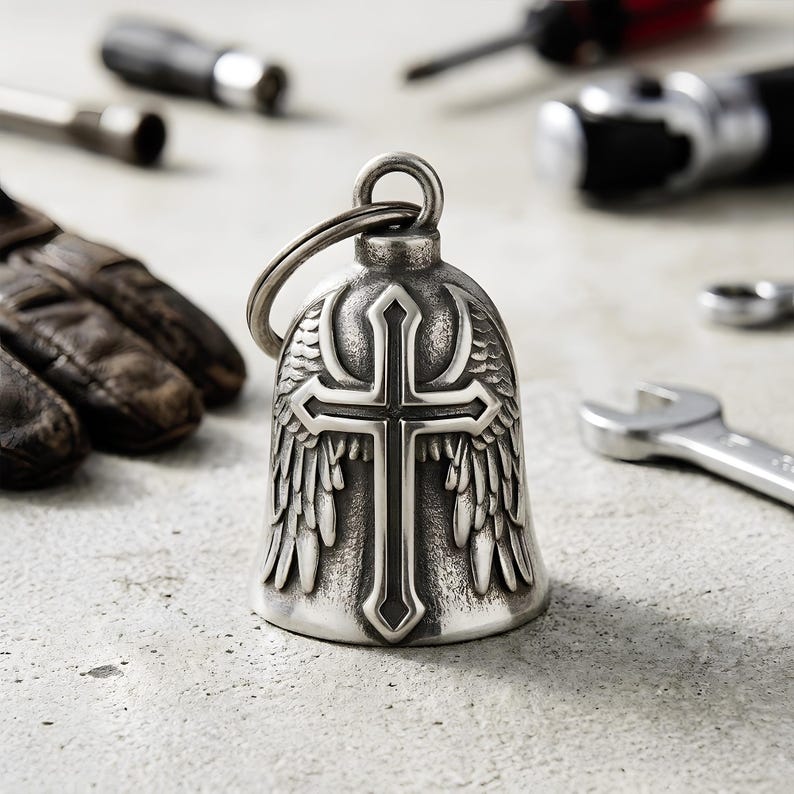 Harley Davidson guardian bell alternative with Christian motorcycle bells motif, an ideal personalized motorcycle gift.