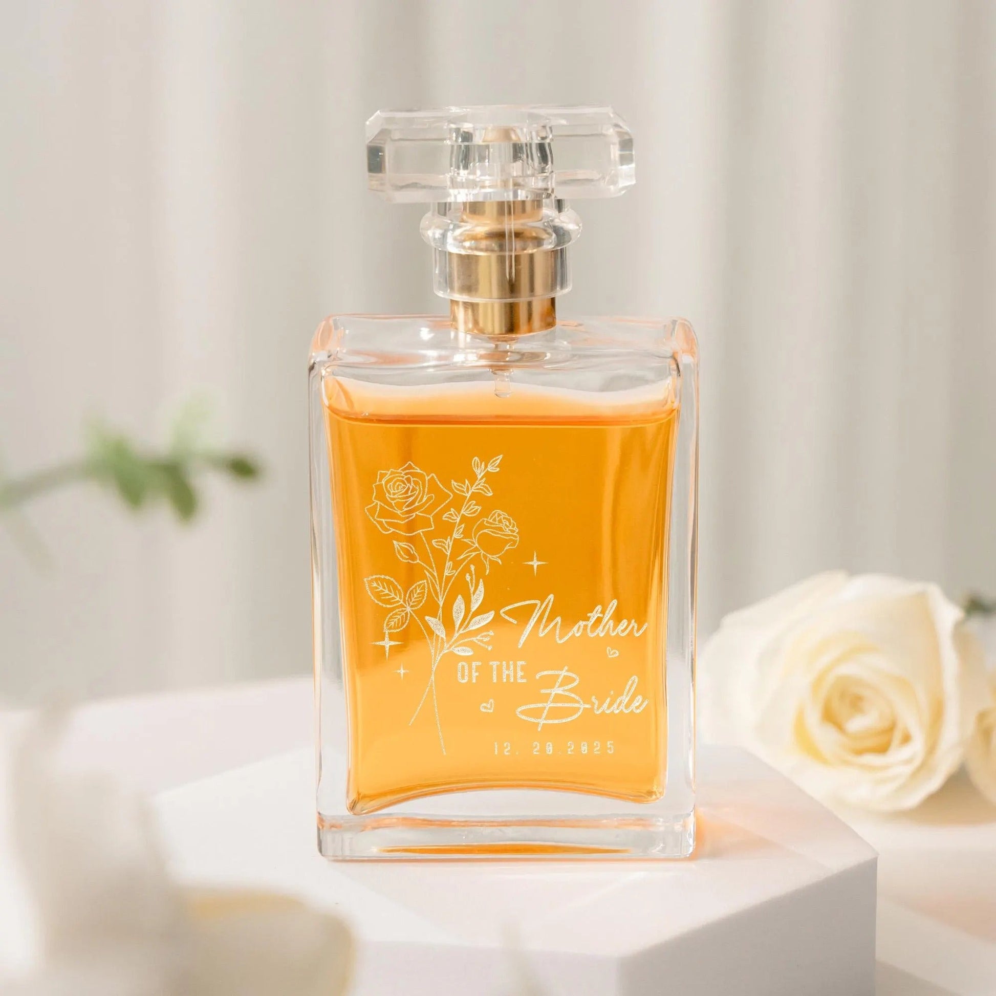 Elegant Personalized Birth Flower Glass Perfume Bottle crafted as thoughtful mother daughter wedding gifts and heirloom  