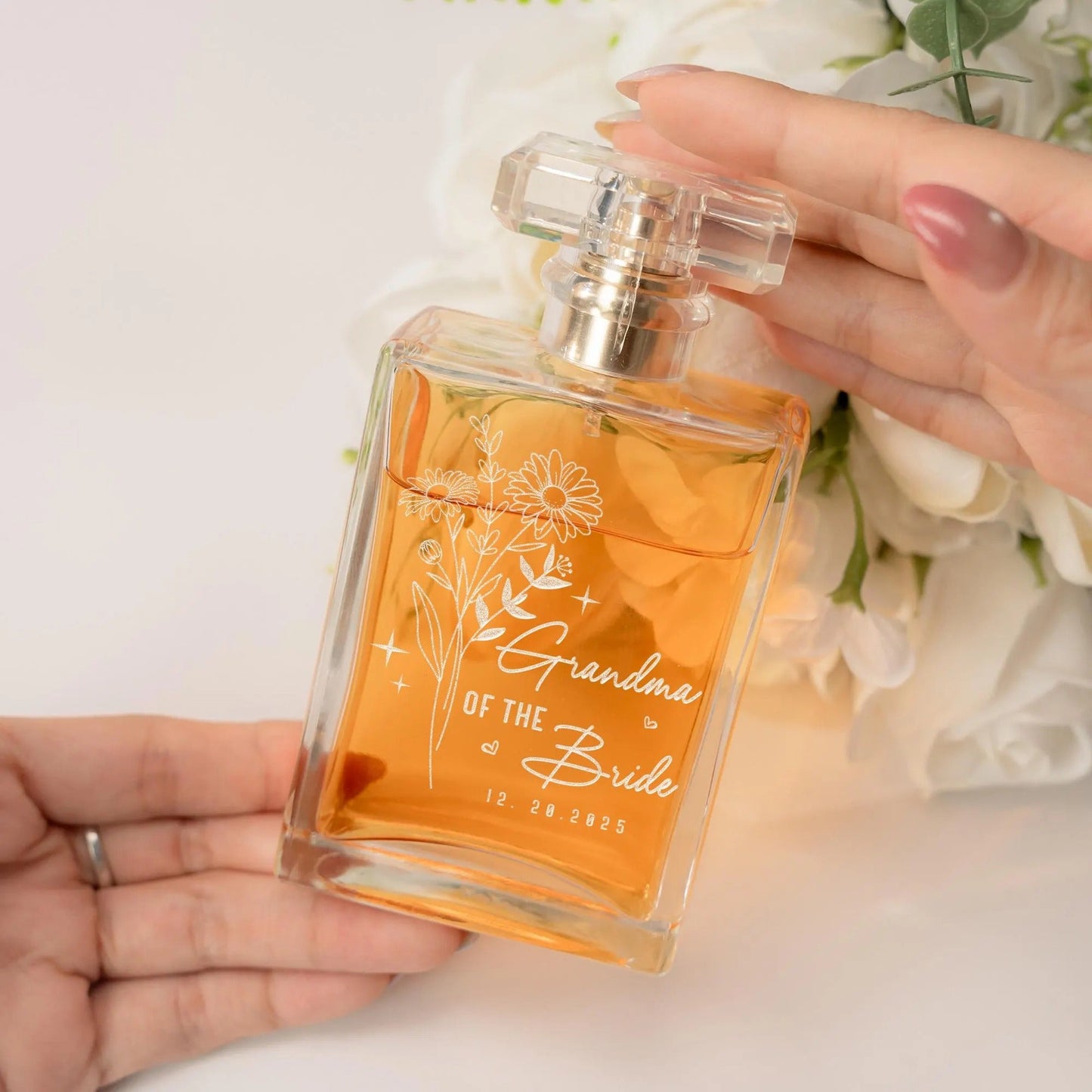 Custom engraved Personalized Birth Flower Glass Perfume Bottle perfect as mother in law wedding gift and wedding day keepsake  