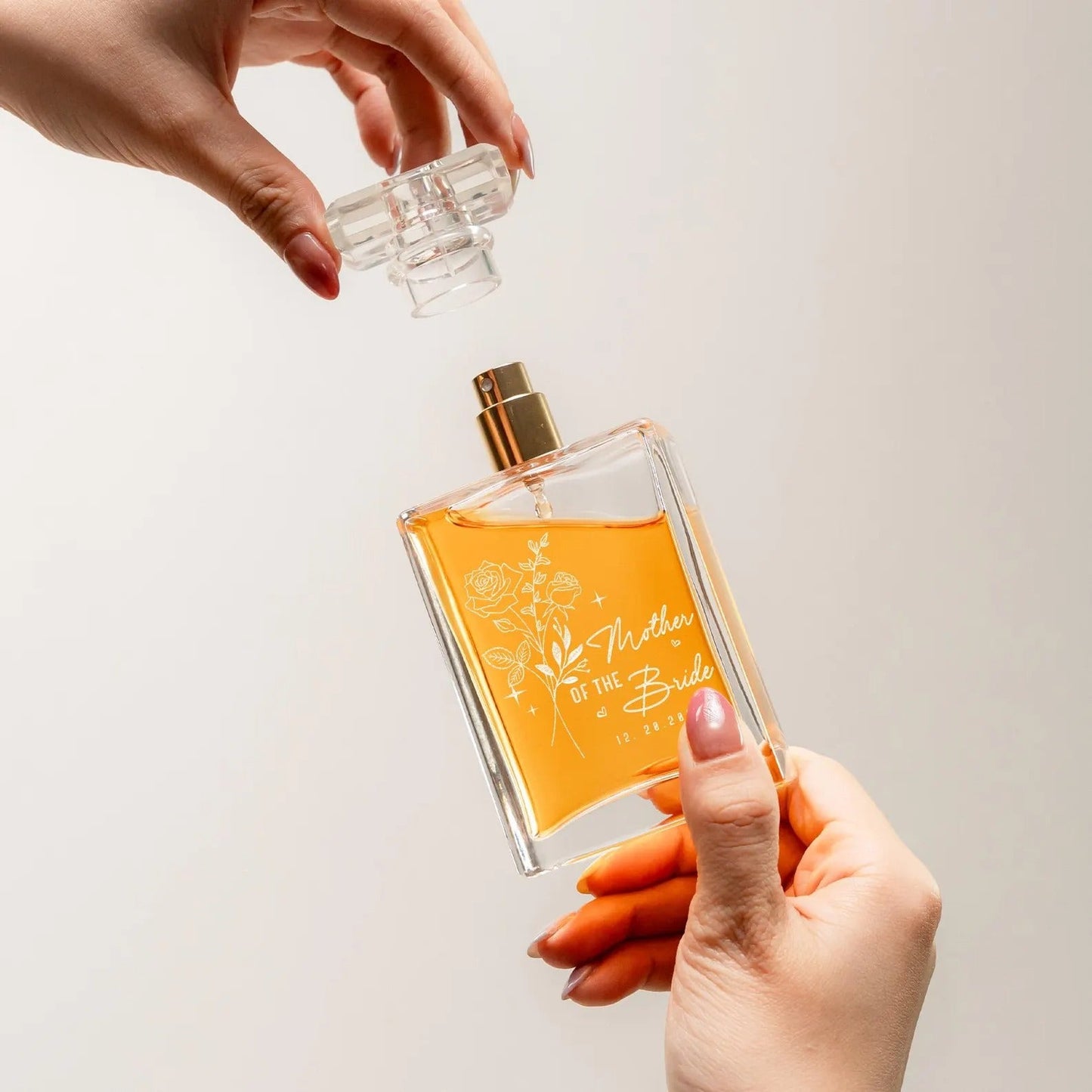 Charming Personalized Birth Flower Glass Perfume Bottle presented as elegant wedding gift for mom and personalized heirloom  