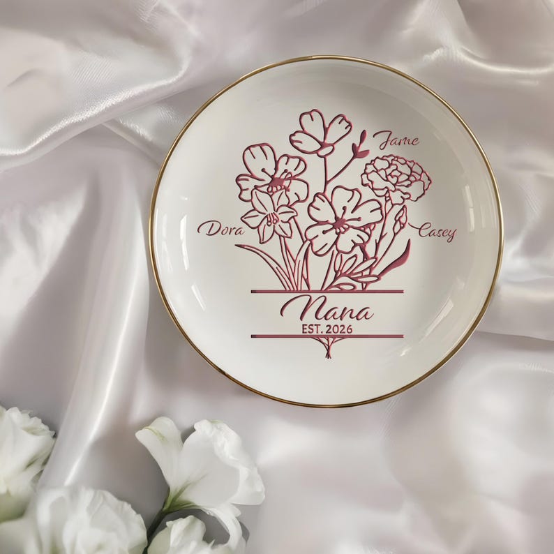 This custom birth flower ring dish is a beautiful gift for mom, perfect for holding her jewelry.