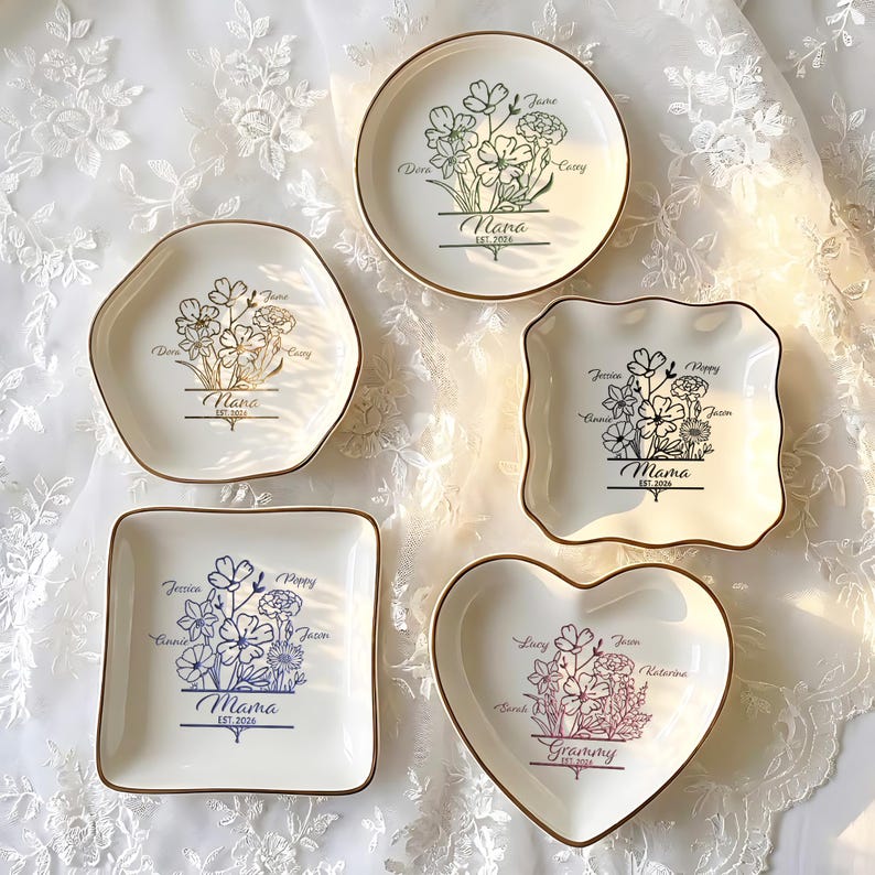 A premium birth flower jewelry dish, offering a unique and personal botanical touch to her home.