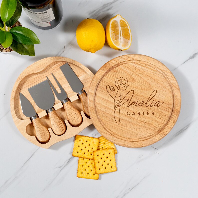 A beautifully engraved Personalized Birth Flower Round Cheese Board, perfect as a unique birth flower gift.