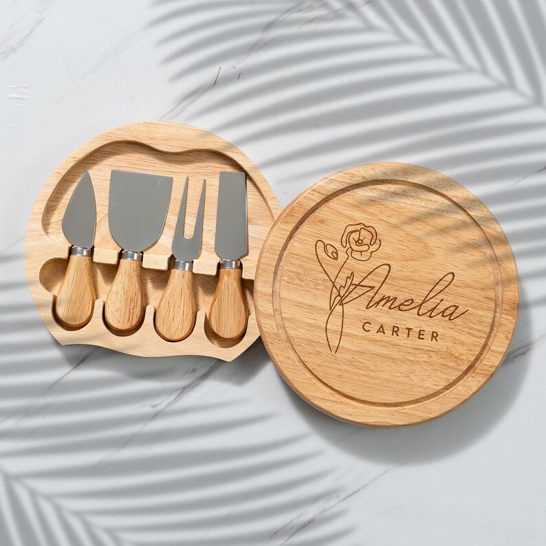 A romantic birth flower gift, the Personalized Round Cheese Board is a durable and charming addition to any home.