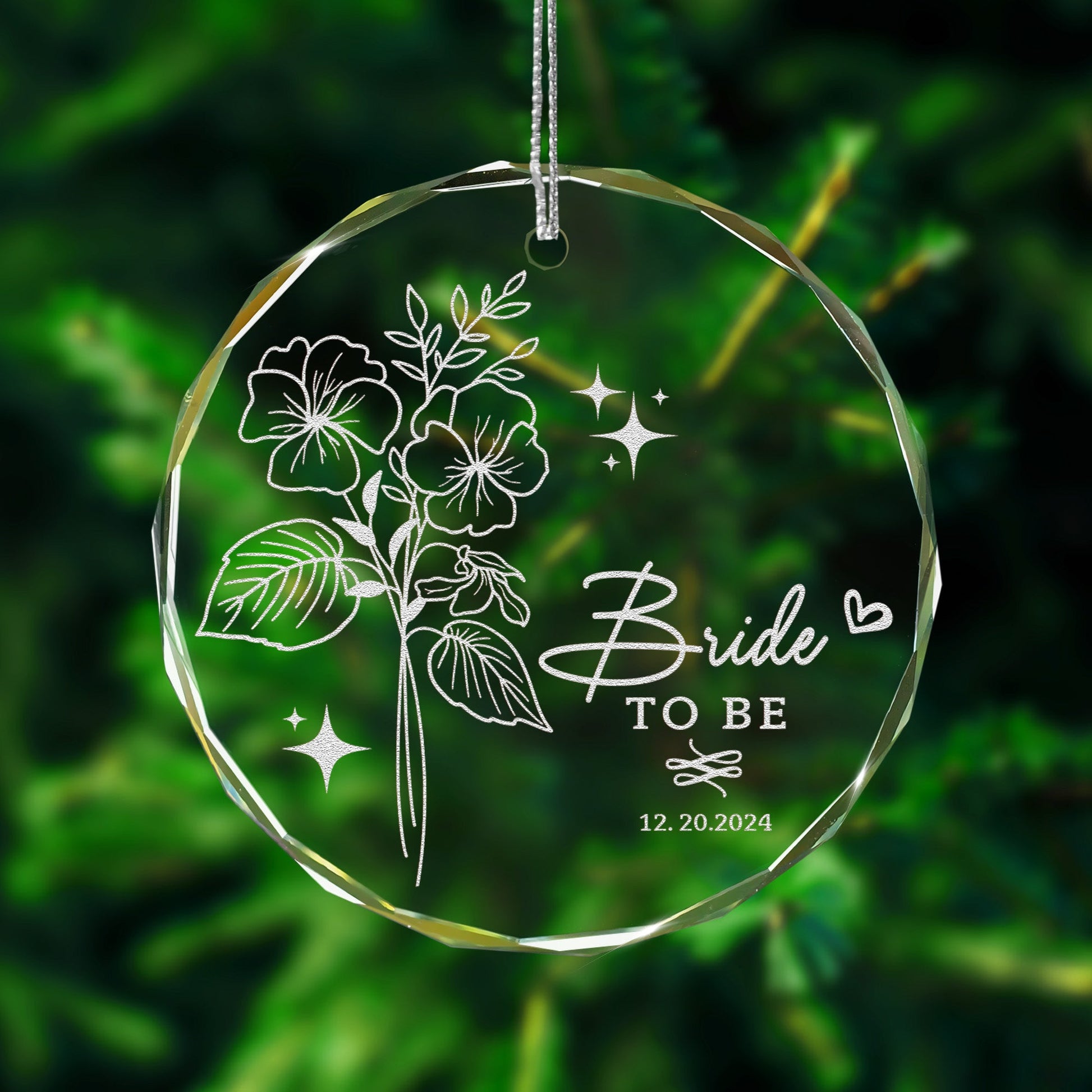 Personalized Birth Flower Wedding Glass Ornament displayed as a thoughtful wedding gift for mom