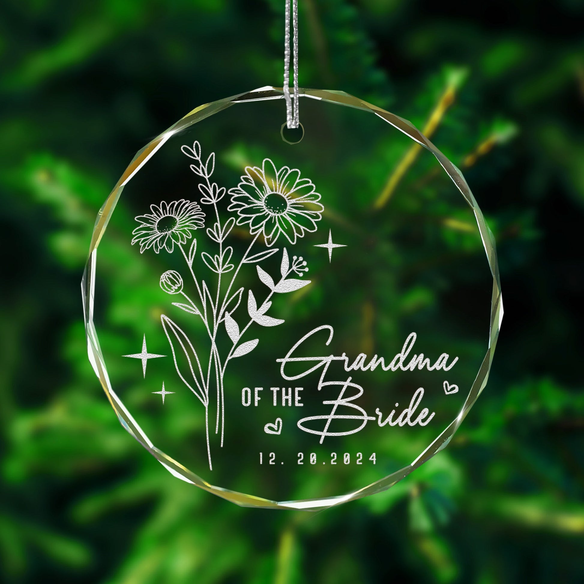 Elegant Personalized Birth Flower Wedding Glass Ornament highlighted as unique mother of the bride gifts