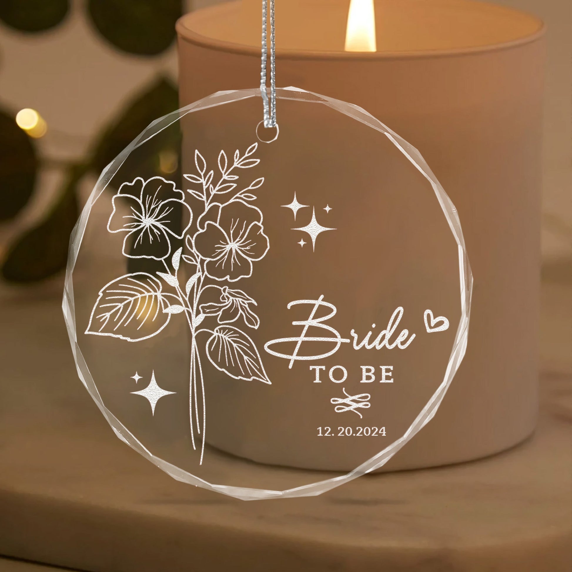 Charming Personalized Birth Flower Wedding Glass Ornament created as a meaningful mother in law wedding gift