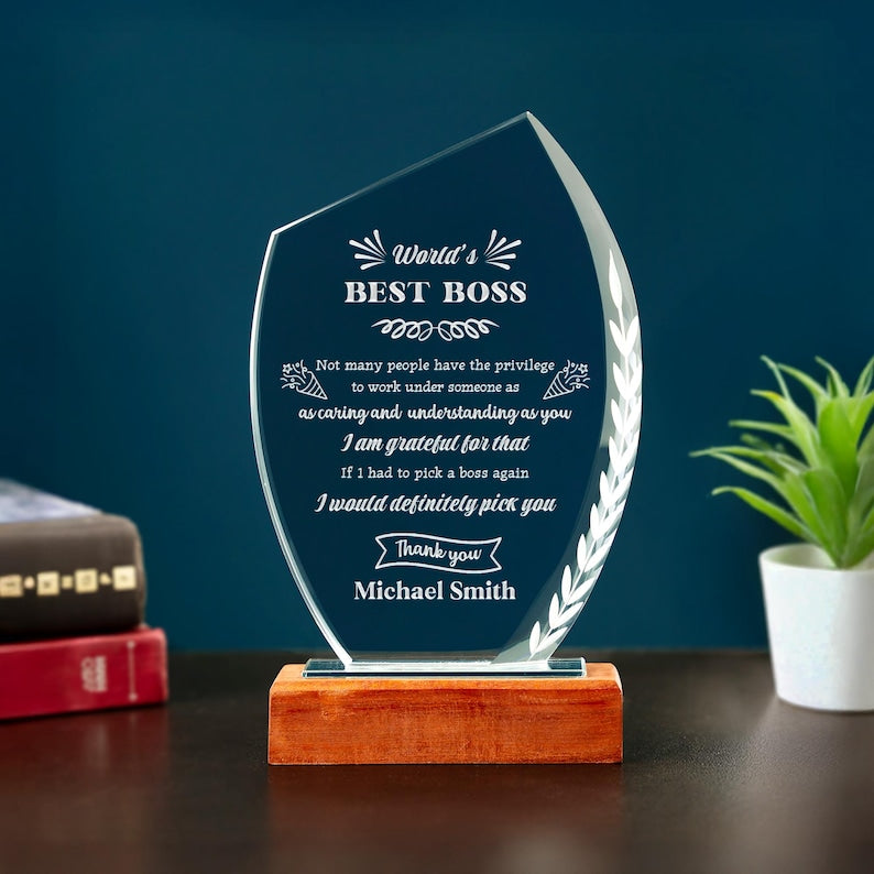 Personalized Boss Appreciation Crystal Award, a custom award and perfect boss appreciation day gift for a manager.