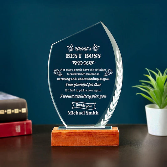 Personalized Boss Appreciation Crystal Award, a custom award and perfect boss appreciation day gift for a manager.