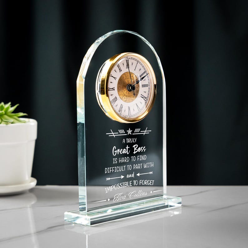 Boss's day gifts featuring a Personalized Boss Appreciation Crystal Desk Clock for lasting memories  