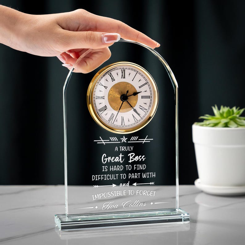 Personalized Boss Appreciation Crystal Desk Clock as unique boss appreciation day gifts  