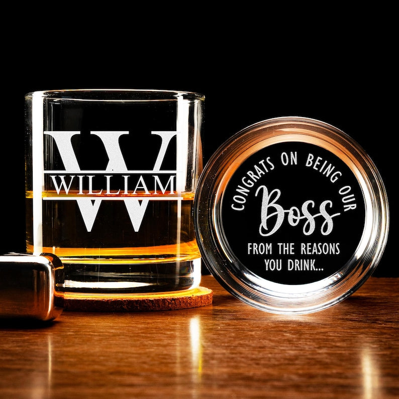 A custom etched Personalized Boss Appreciation Whiskey Glass, a perfect gift idea for Boss Appreciation Day.