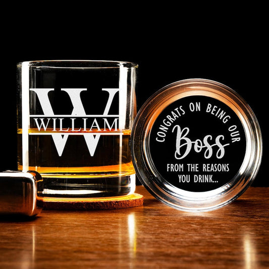 A custom etched Personalized Boss Appreciation Whiskey Glass, a perfect gift idea for Boss Appreciation Day.