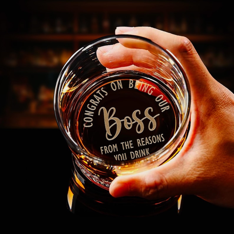 A custom engraved Personalized Boss Appreciation Whiskey Glass, one of the best manager appreciation gifts from an employee.