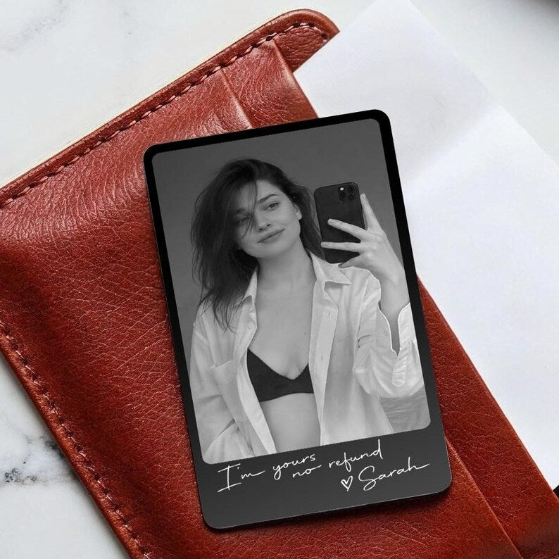 The perfect boudoir photo gifts, this Personalized Metal Wallet Card is a durable and intimate wallet insert card.