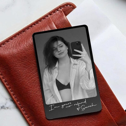 The perfect boudoir photo gifts, this Personalized Metal Wallet Card is a durable and intimate wallet insert card.