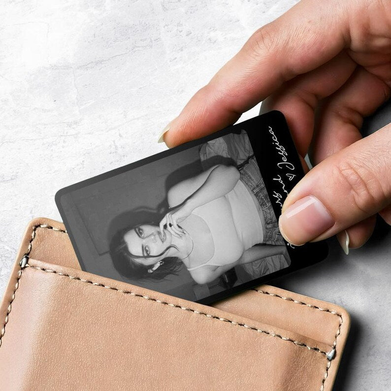 This wallet insert card personalized, a Personalized Boudoir Photo Metal Wallet Card, makes a great romantic keepsake.