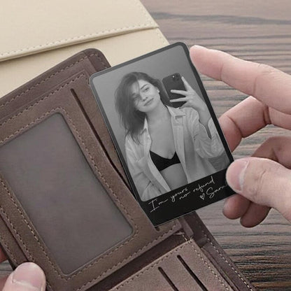 An elegant personalized metal wallet card, the Personalized Boudoir Photo Metal Wallet Card is a unique gift for him.