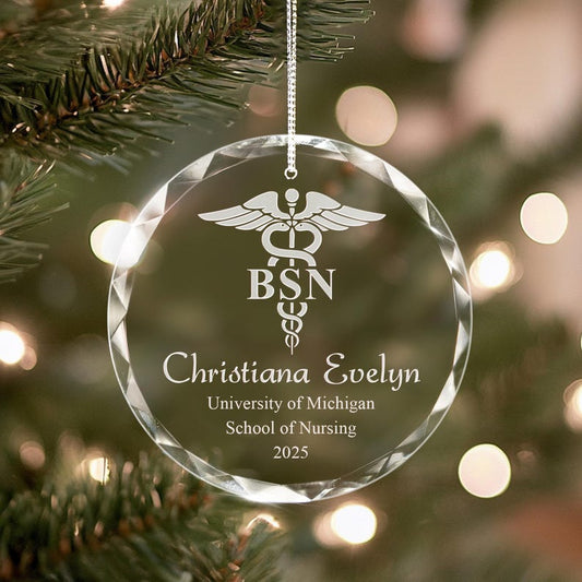 A Personalized BSN Graduation Glass Ornament, the perfect crystal ornament and a thoughtful BSN graduation gift for a new nurse.