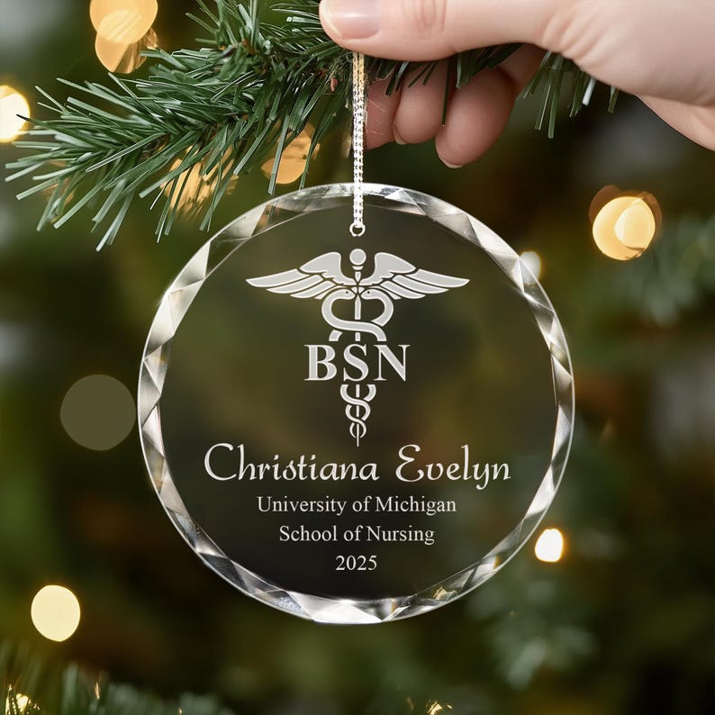 A close-up of a sparkling crystal Personalized BSN Graduation Glass Ornament, a perfect graduation ornament for a BSN graduate.