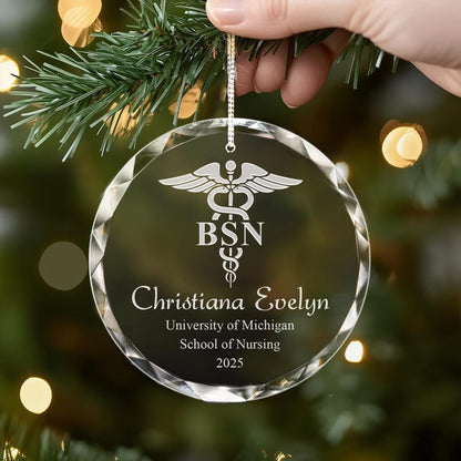 A close-up of a sparkling crystal Personalized BSN Graduation Glass Ornament, a perfect graduation ornament for a BSN graduate.