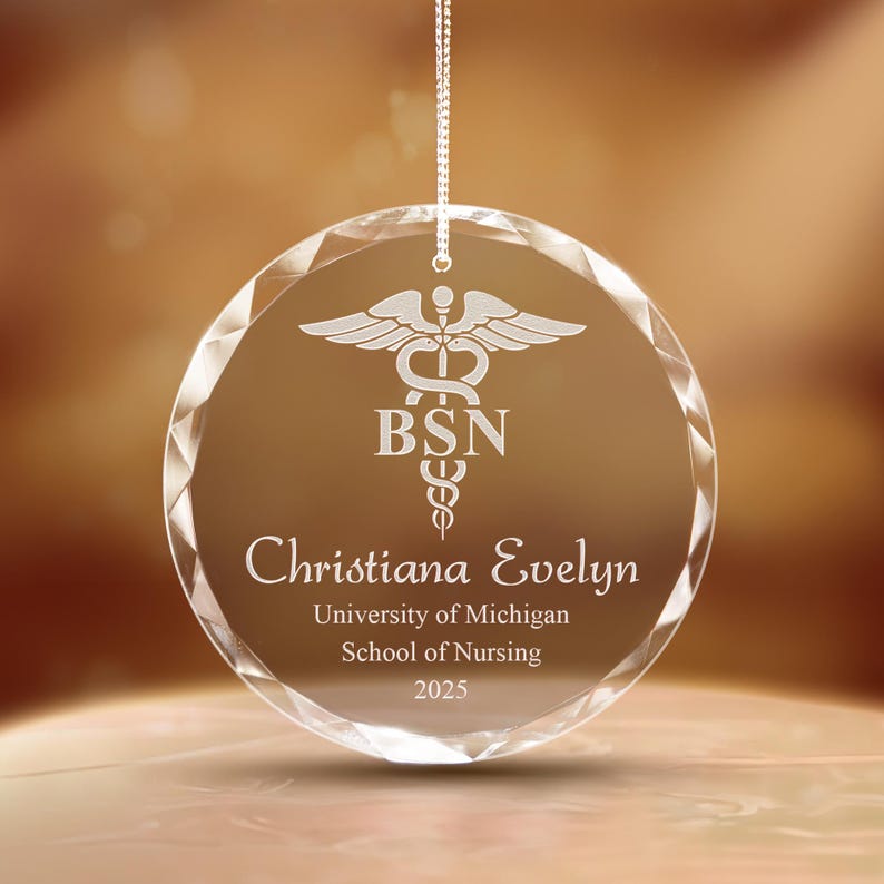 The ideal BSN graduation gift, this Personalized Glass Ornament is a beautifully crafted nurse ornament to celebrate their achievement.