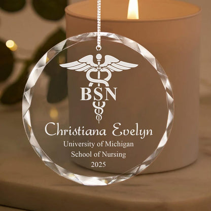 A custom crystal graduation ornament, the Personalized BSN Graduation Glass Ornament is a lasting memento for any new nurse.