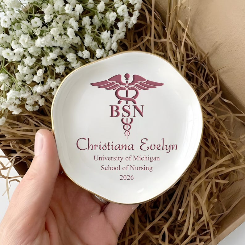This custom BSN ring dish features professional engraving, making it a perfect gift for new nurses.