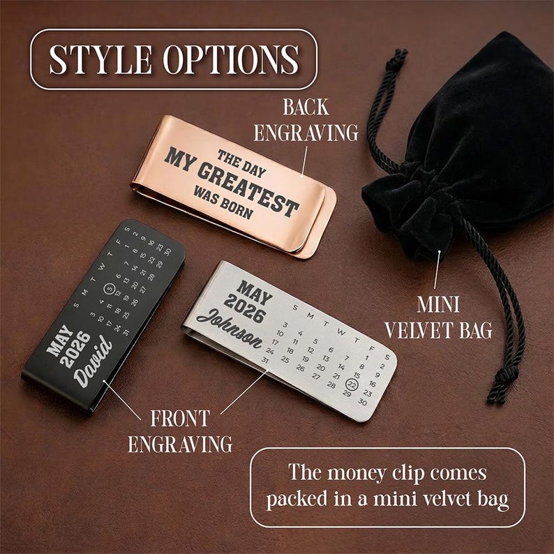 Father's Day money clip featuring an engraved calendar date, a great sentimental gift for a husband who has everything.