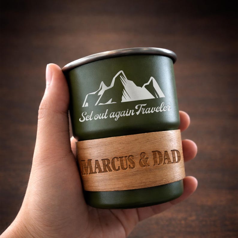 Personalized camping mug stainless steel cup, a premium engraved Father's Day gift for your favorite outdoor dad.