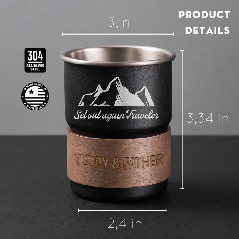 Engraved camping mugs with custom name, an ideal Father's Day camping gift and durable stainless steel camper mug.