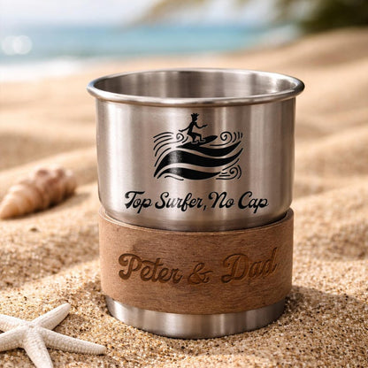 Camping cups stainless steel design with custom engraving, the best Father's Day gift for a grill and camp master.