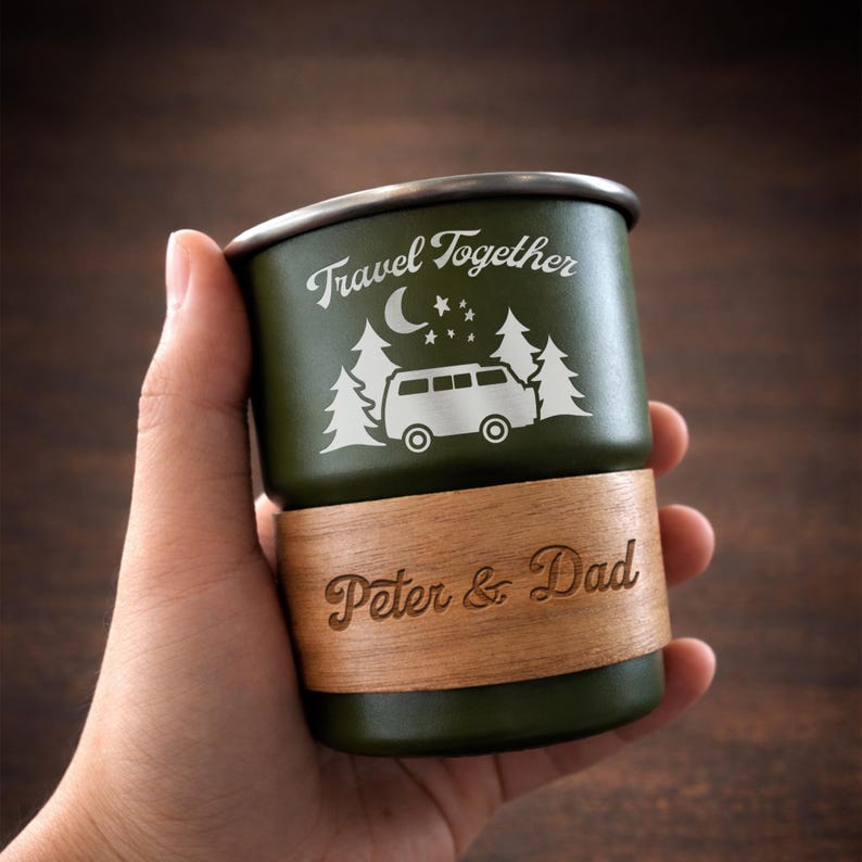 Stainless camp cup and custom campfire mugs, a practical and memorable camping gift for dad for Father's Day.