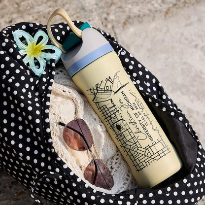This custom laser engraved water bottle features a college map, making it a perfect graduation gift.