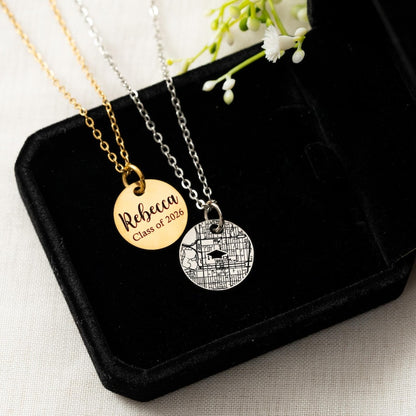 This custom engraved necklace features a college map, making it a perfect graduation gift for her.