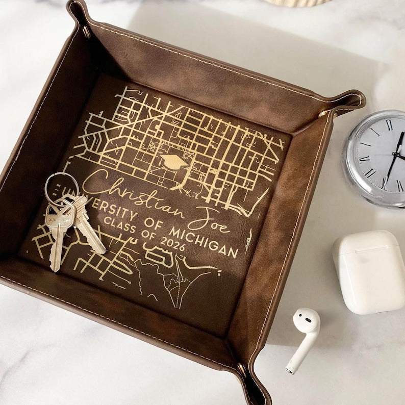 Personalized Campus Map Leather Valet Tray for Class of 2026, a high-quality and unique gift.