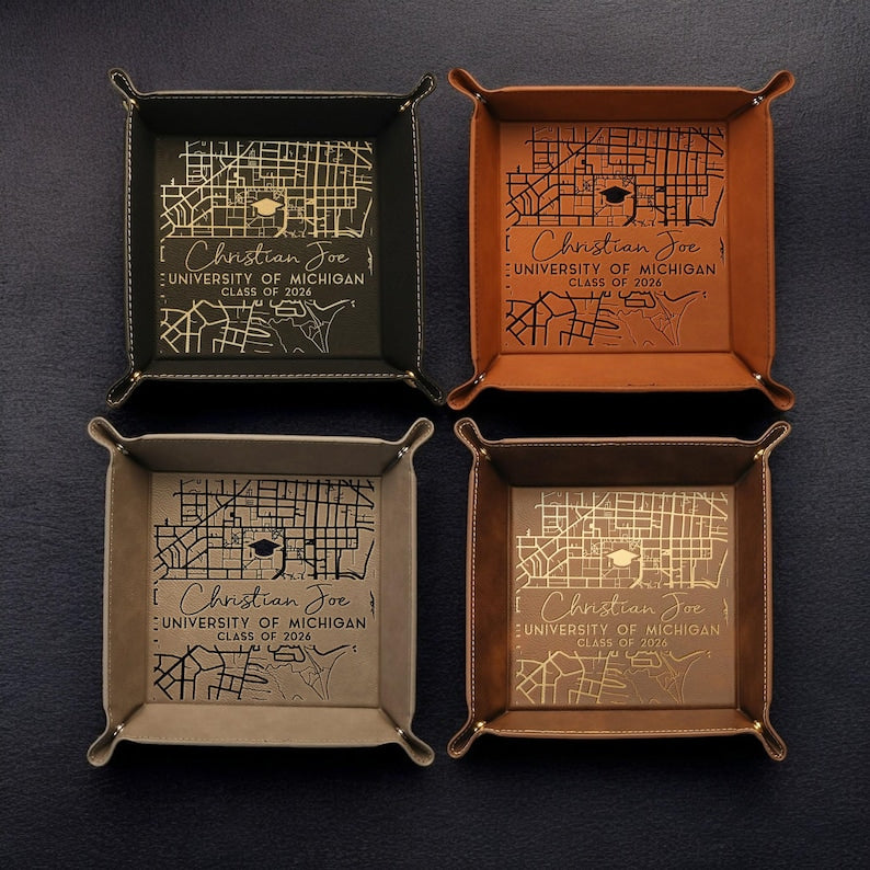 High-quality engraved graduation gifts, ideal for those seeking a durable leather valet tray.