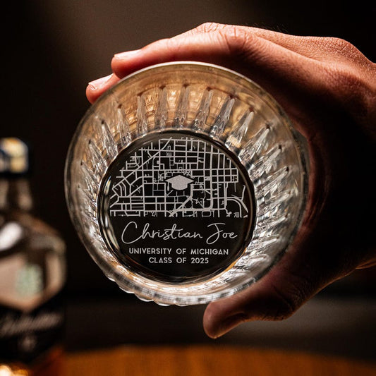 Personalized Campus Map Whiskey Glass for the Class of 2026, a unique and thoughtful college graduation gift.