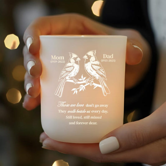 Personalized Cardinal Memorial Glass Tea Light Holder, a unique glass tealight candle holder and perfect sympathy gift.