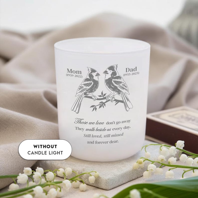 The perfect sympathy gift, this Personalized Cardinal Glass Tea Light Holder is a comforting and durable keepsake.
